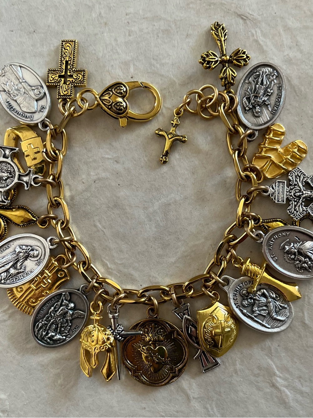 Armor of God Charm Bracelet w Crosses and Sacred Heart Coin, Medals - Picture 8 of 9